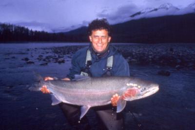The photo of the week shows a very large Steelhead landed and released on the Skeena River by Alberto, from Italy.  The male fish measured 46.45 inches in length, 26.8 in girth, based on the formula: Girth squared x length x 1.33 divided by 1000 = approxi